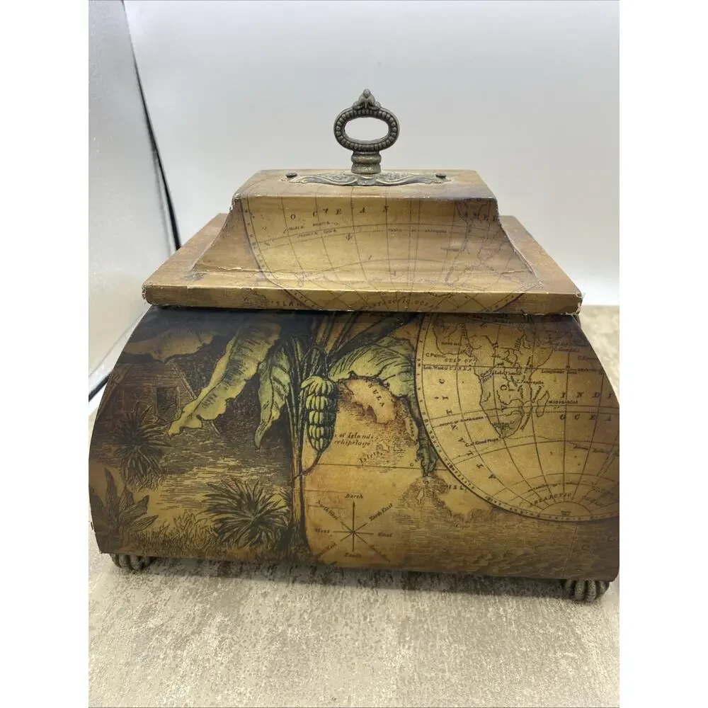 TABLE TOP CURVED CHEST W/WORLD MAP/TROPICAL SCENE DESIGN-LIDDED 8” Long